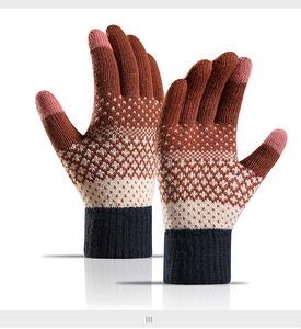 Close-up of knit gloves with thermal lining and pink touchscreen-friendly fingertips