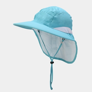 Detail of sky blue hiking hat featuring neck protection flap and breathable mesh