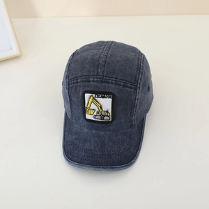 Vintage grey washed denim camper hat for kids featuring a yellow excavator patch design