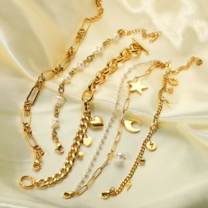Stainless Steel Chain Bracelet For Women Men 18K Gold Plated Heart Star Moon Lightning Charm Imitation Artificial Pearl Punk Hip Hop