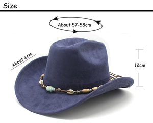 Size guide for blue suede cowboy hat showing 58cm circumference and 8cm wide brim