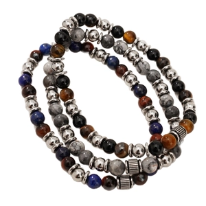 Three-piece men's natural tiger eye and agate beaded bracelet set with metal accents