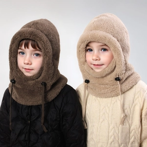 Detailed close-up of plush fleece texture and adjustable drawstring on children's neck hood