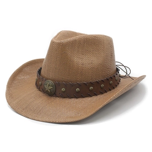 Detail of a brown woven western cowboy hat featuring bronze stars and leather band decoration