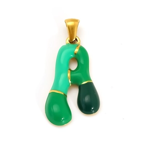 Gold plated 18K stainless steel bubble letter A pendant with green enamel inlay for jewelry
