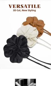 Macro detail of PU leather flower waist belts in black, white, and caramel brown