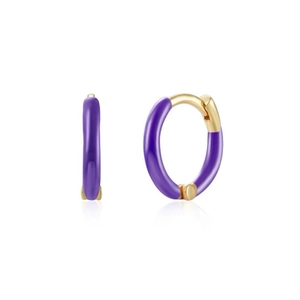 Detail of minimalist gold-plated hoop earrings featuring purple enamel craft for women