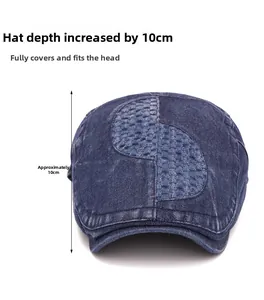 Detail of vintage blue denim newsboy hat showing 10cm deep cap body and stitch texture