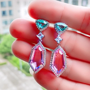 Elegant tiered drop earrings with mint green, clear, and pink purple zircon gemstones