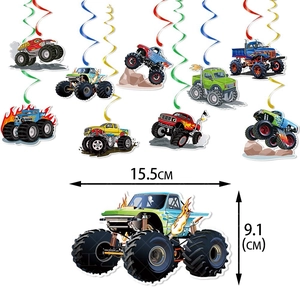 Monster truck birthday party hanging swirls set with colorful truck cardstock designs