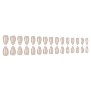 30pcs nude almond glossy press-on nails set in various sizes on a clean white background