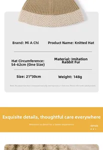 Detailed size chart for winter faux rabbit fur knitted hat with herring-bone pattern