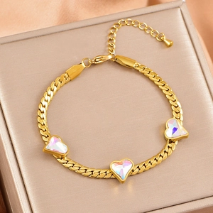 Golden flat snake chain bracelet with heart-shaped colorful gemstones and lobster clasp