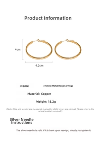 Detail of gold circular hoop earrings showing 4.2cm width and silver needle pins