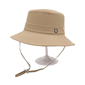 Quick-dry khaki bucket hat for kids with smiley face embroidery and adjustable wind rope