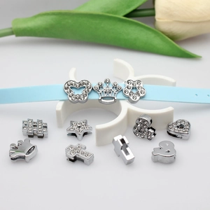 Silver rhinestone heart and crown charms with 8mm aperture for DIY slider bracelets