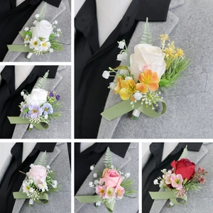 Artificial rose boutonniere for wedding suits in various colors with green satin ribbon