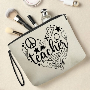 Beige canvas makeup bag with teacher heart graphics and cosmetic accessories