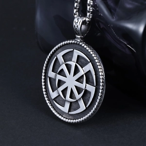 Vintage stainless steel Viking Kolovrat sun wheel pendant necklace with silver finish