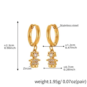 Detailed view of gold stainless steel girl earrings with sparkling zircon stones