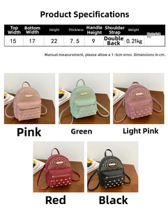 Detailed dimension chart showing size and weight for the punk rivet mini backpack