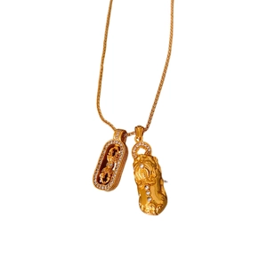 Gold Pixiu necklace with Chinese style double pendants and zircon pavé detail