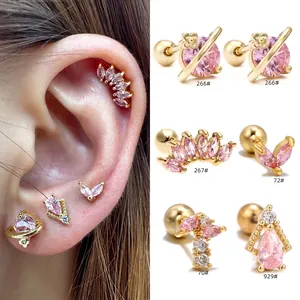 Pink Zircon Cartilage Stud Earrings Geometric Planet Piercing Jewelry With Stainless Steel Earring Post