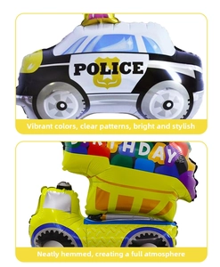 Detail of vibrant police car and birthday vehicle foil balloons with neat pressed edges