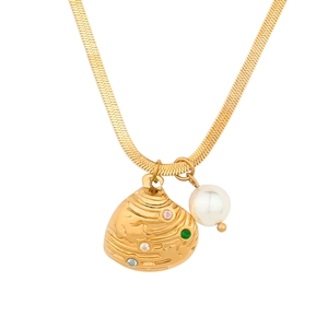 Gold snake chain necklace with shell pendant, pearl, and colorful zircon crystals