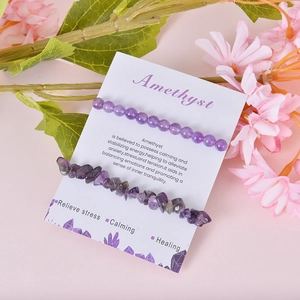 Set of 6mm Amethyst bead and irregular gravel bracelets on decorative display card