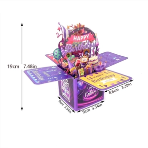 Detailed 3D pop-up purple birthday card box featuring cakes, balloons and gift elements