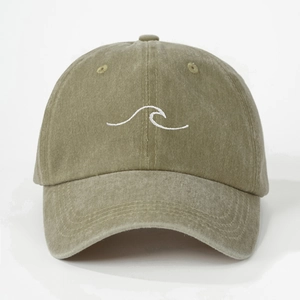 Vintage washed cotton baseball cap featuring white wave embroidery for outdoor sun protection