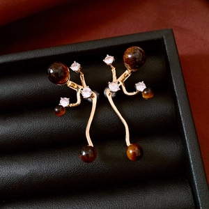 Detail view of gold earrings with brown tiger eye stones and zircons in a black jewelry box