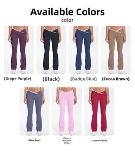 Detail view of high waist crossover yoga flare leggings showing seven color variations