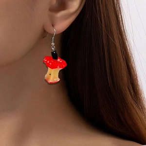 Cute mushroom earrings with red polka dot cap and bitten stem for Christmas party