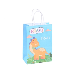 Light blue dinosaur cartoon kraft paper gift bag with white handles and ROAR prints