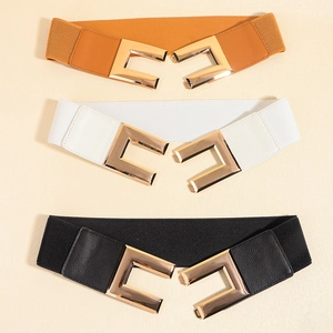 Three-pack elastic wide waist belts for women in black, white, and brown with gold buckles