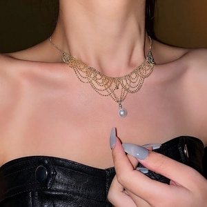 French Retro Artificial Pearl Lace Woven Necklace For Women With Alloy Multilayer Mesh Chain Elegant Court Style Jewelry