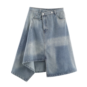 Denim midi skirt with asymmetric waist and double button design in vintage blue finish