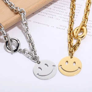 Fashion stainless steel OT buckle jewelry set with smiley face pendants in gold and silver