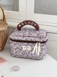 Borsa da trucco in velluto a coste color lavanda con fiori e manico ricamato