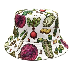 White cotton bucket hat with realistic vegetable print for outdoor sun protection