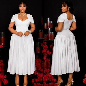 Elegant white pleated V-neck midi dress with open back and slim waist for banquets