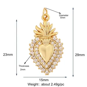 Macro view of gold-plated double heart pendant with cubic zirconia inlay and dimensions