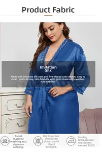 Detail of plus size dark blue faux silk robe featuring delicate lace trim and satin texture