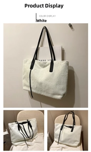 Detail showing plush white faux fur tote bag with black leather straps and roomy interior