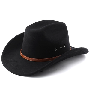 Detail of black western cowboy hat featuring brown leather band and metal ventilation eyelets