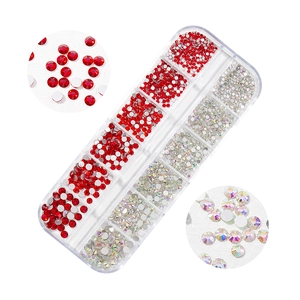Detail of 12-grid storage box with red and AB crystal rhinestones for nail art