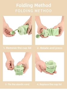 Collapsible mint green silicone water bottle showing four stages of folding method
