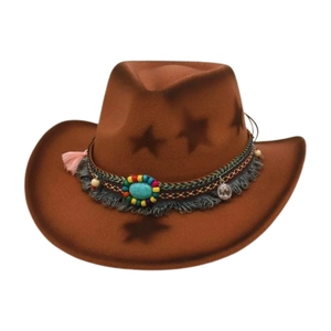 Chapeau De Cowboy Western Feutre Bande Bohème Ethnique Étoile Imprimé Turquoise Gland Vintage Large Bord Pour Hommes Femmes